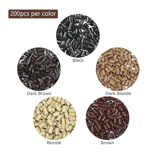 Miniatura 5 de 1000 piezas de 0.134 in de micro anillo de eslabones de cobre tubos de cuentas para extensiones de cabello humano I-Tip (negro + marrón oscuro +