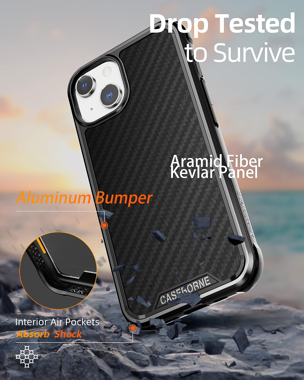 CaseBorne R Compatible with iPhone 13 / iPhone 14 Case - Shockproof Protective, Military Grade 12ft Drop Tested, Durable Aluminum Frame, Aramid Fiber - Black