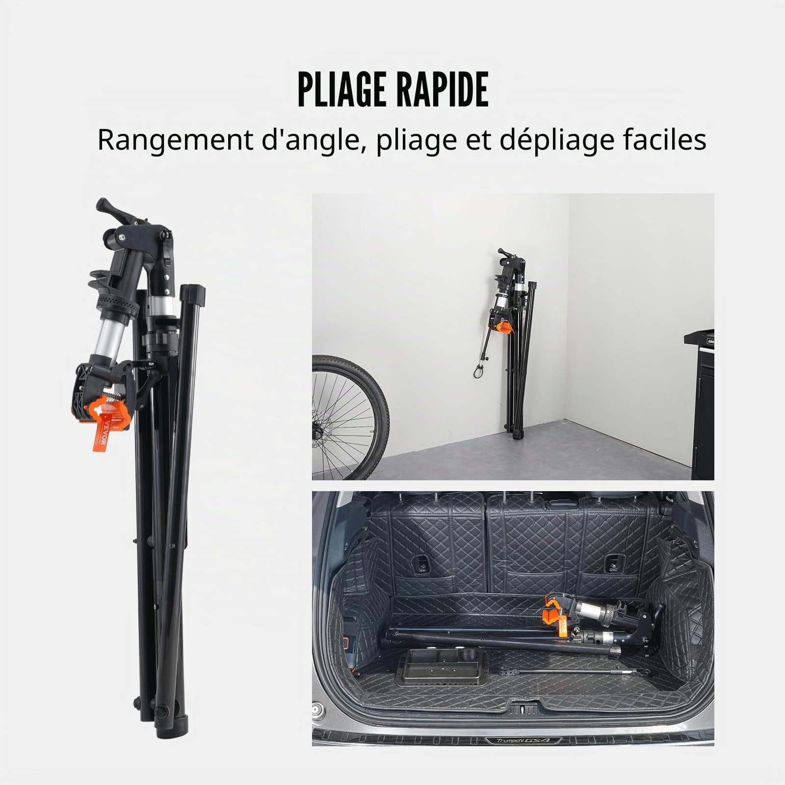 VEVOR Pied d'Atelier Vélo Pliable Charge 30 kg Support de Réparation de Vélo Aluminium Réglable en Hauteur Pince Pivotant 360° Stand de Bicyclettes avec Plateau à Outils Réparation Vélos Électriques