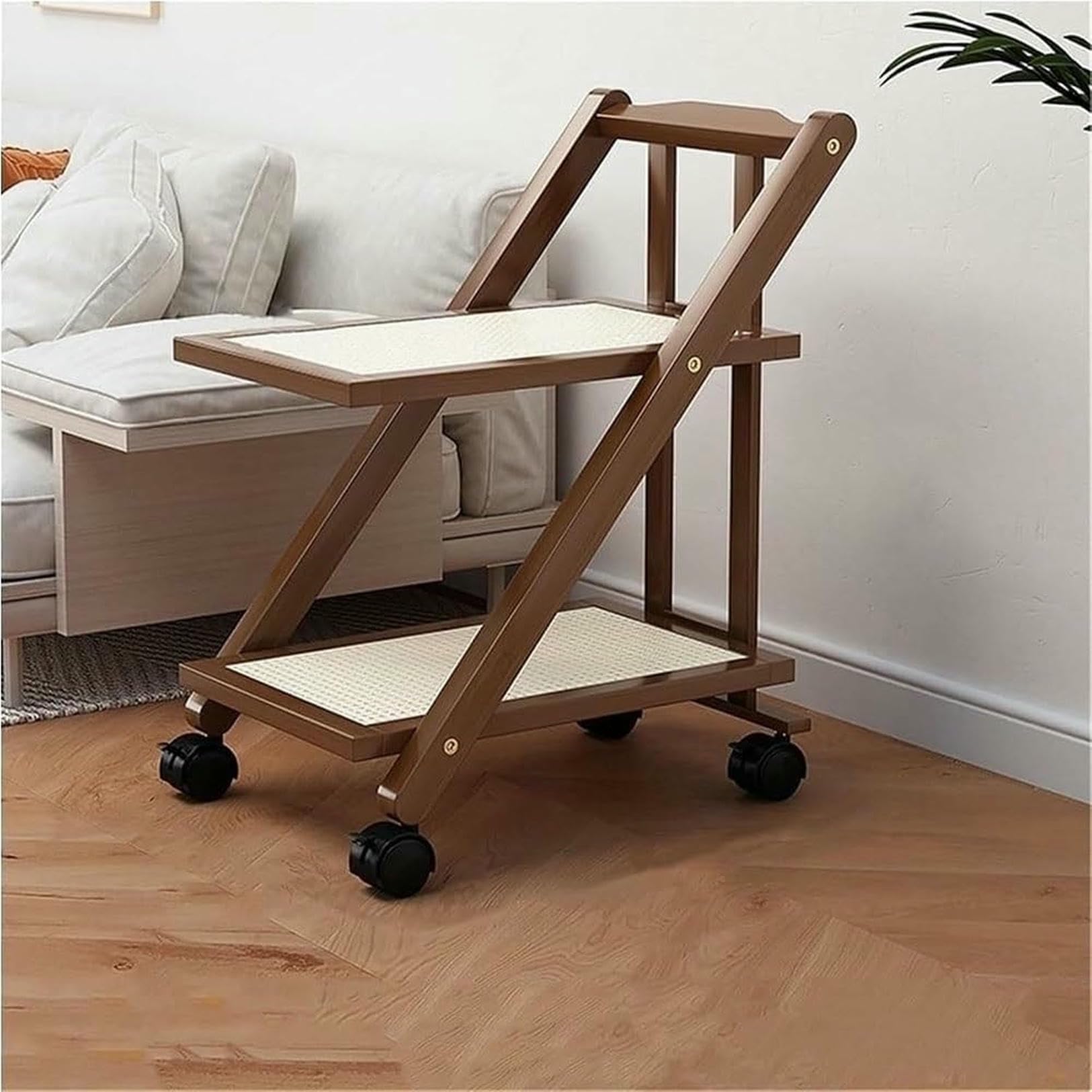 Eiwitany Foldable Narrow Wheeled Wooden Side Cart with Plastic Rattan Mesh, Mobile Sofa & Bedside End Table for Living Room (Brown 2 Tier)