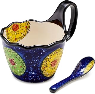 Ceramic Soup Bowl and Mug Set 14oz, Hand-Painted Floral Stoneware Coffee Cup with Spoon, Large Soup Bowls with Handle, Microwave & Dishwasher Safe Polish Pottery Style (Blue)