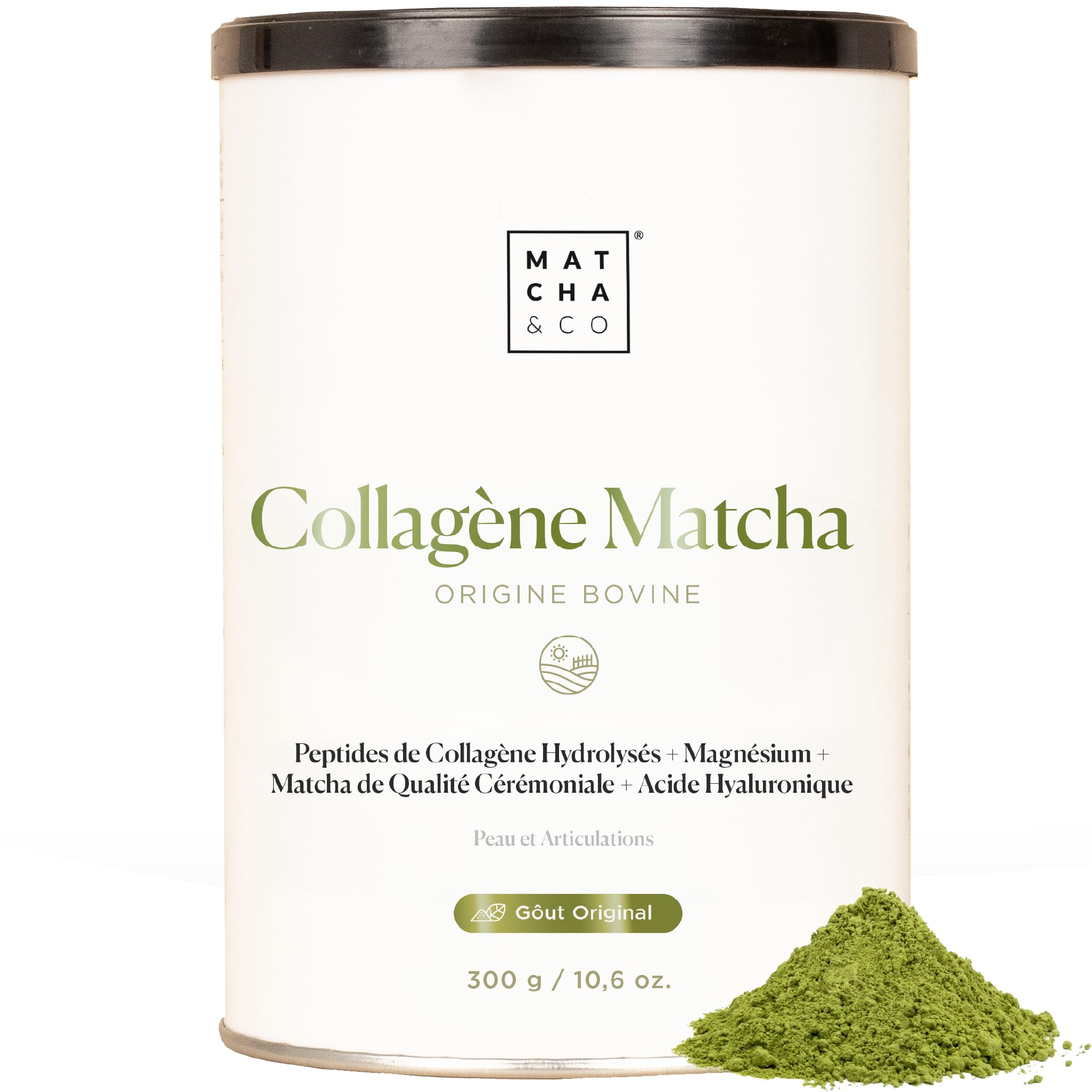 Matcha Collagène. Collagène avec Magnésium, Thé Matcha et Acide Hyaluronique. Articulations, peau et ongles. 300 g matcha collagène en poudre. Saveur Matcha