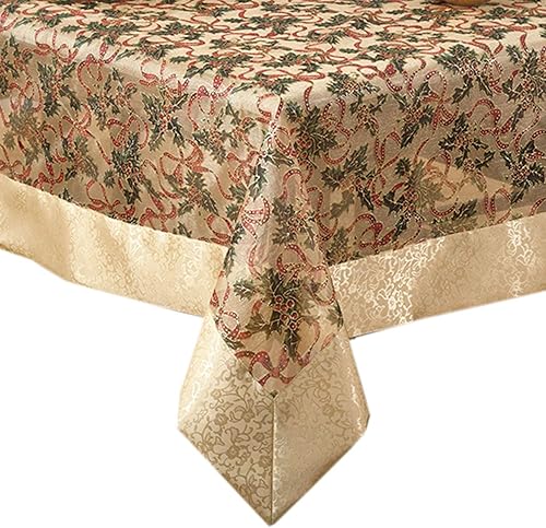Fennco Styles - Mantel de Navidad transparente de 65 x 104 pulgadas, borde de satén dorado y borlas, para cenas familiares, banquetes, eventos