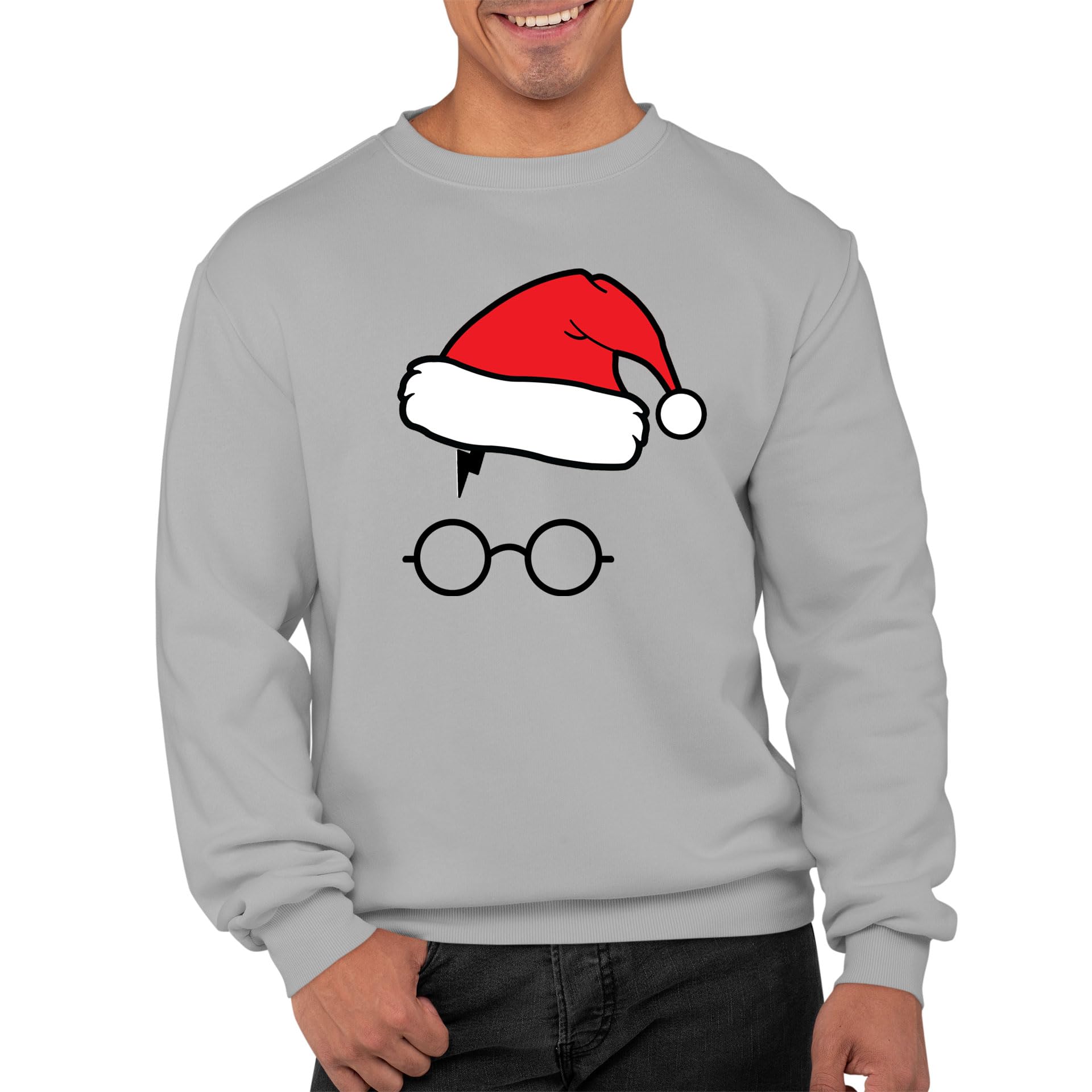 Graphic Impact Funny Inspired Retro Funky Glasses Christmas Santa Hat Ugly Christmas Theme Xmas Jumper Xmas Sweatshirt Adults Unisex Sweater Christmas Jumper (Grey, 2XL)