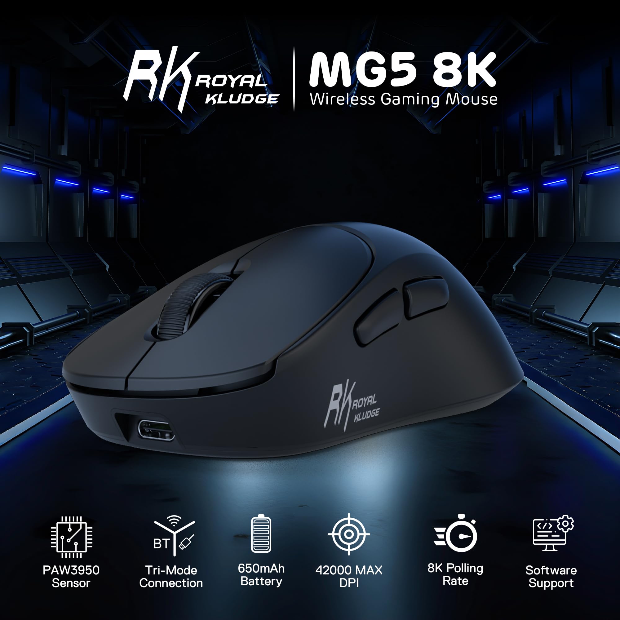 RK ROYAL KLUDGE MG5 8K bezprzewodowa mysz gier, czujnik PAW3950 42K DPI, lekka 54g, ergonomiczna, podwójna częstotliwość próbkowania 8kHz,2,4G/BT/USB-C, 100M kliknięć, kompatybilność systemami Win/Mac