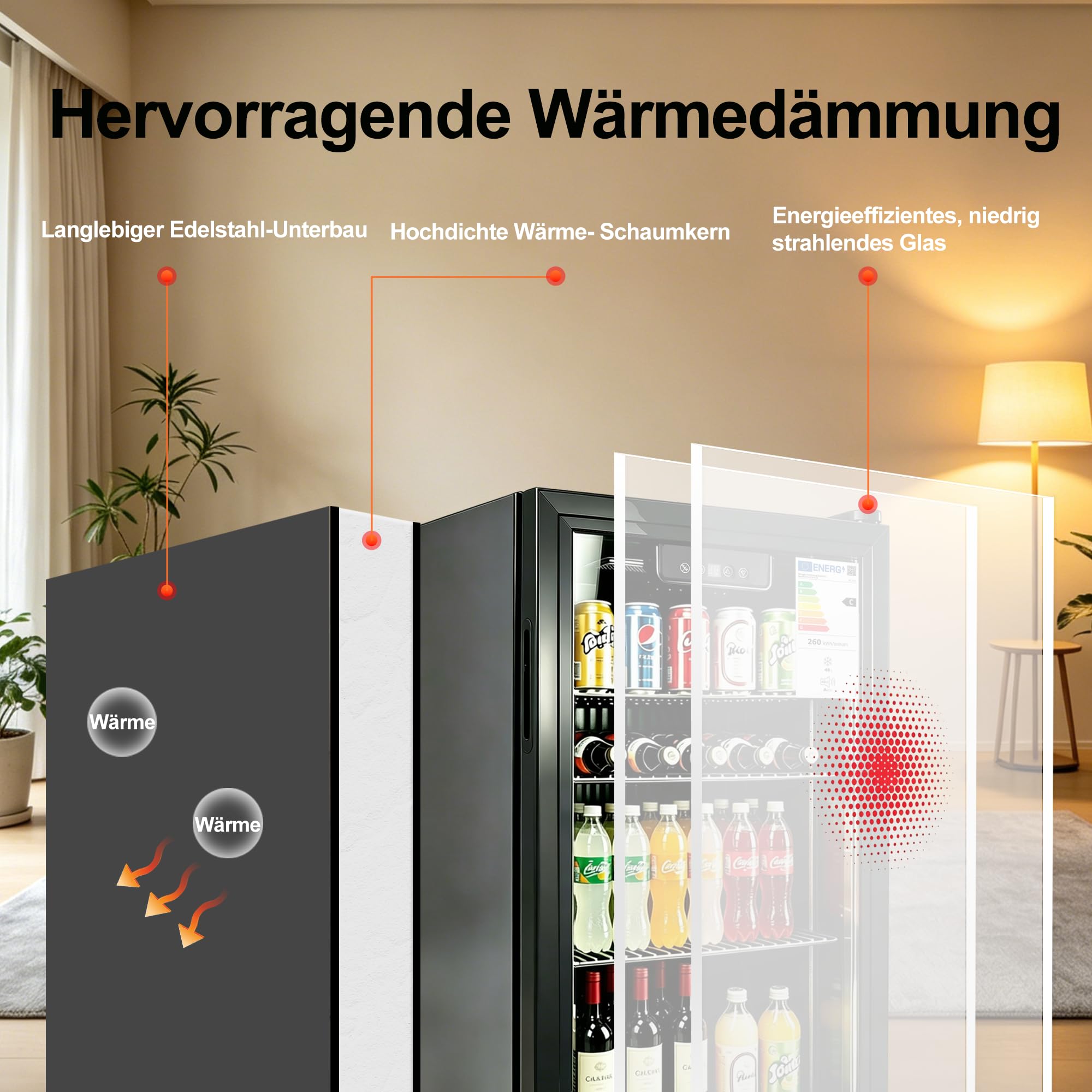 Freistehender & Unterbau Getränkekühlschrank, Dreifach verglaste Glastür, LED-Display & Innenbeleuchtung, Leiser Weinkühler & Bierkühler mit verstellbaren Ablagen und Temperaturregelung