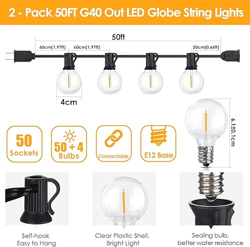 Miniatura 5 de Mlambert Guirnalda de luces G40 para exteriores de 100 pies (2 x 50 pies), luces de patio con 50+4 bombillas LED, luces colgantes impermeables para