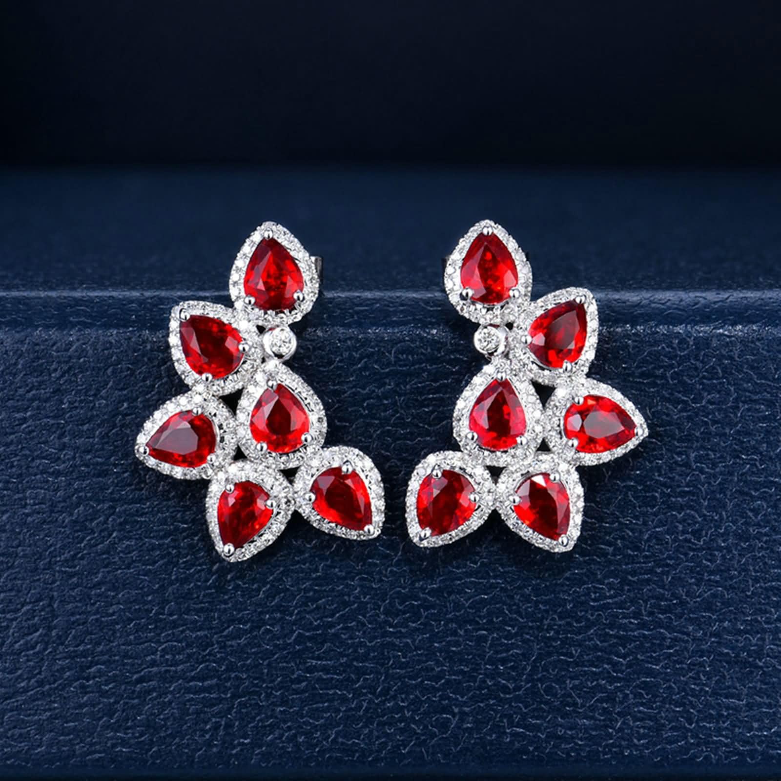 Ohrringe 9K / 14K / 18K Weißgold für Damen, Wassertropfen mit Saphir und Diamant, Damen Ohrringe Ohrstecker Silber Rot
