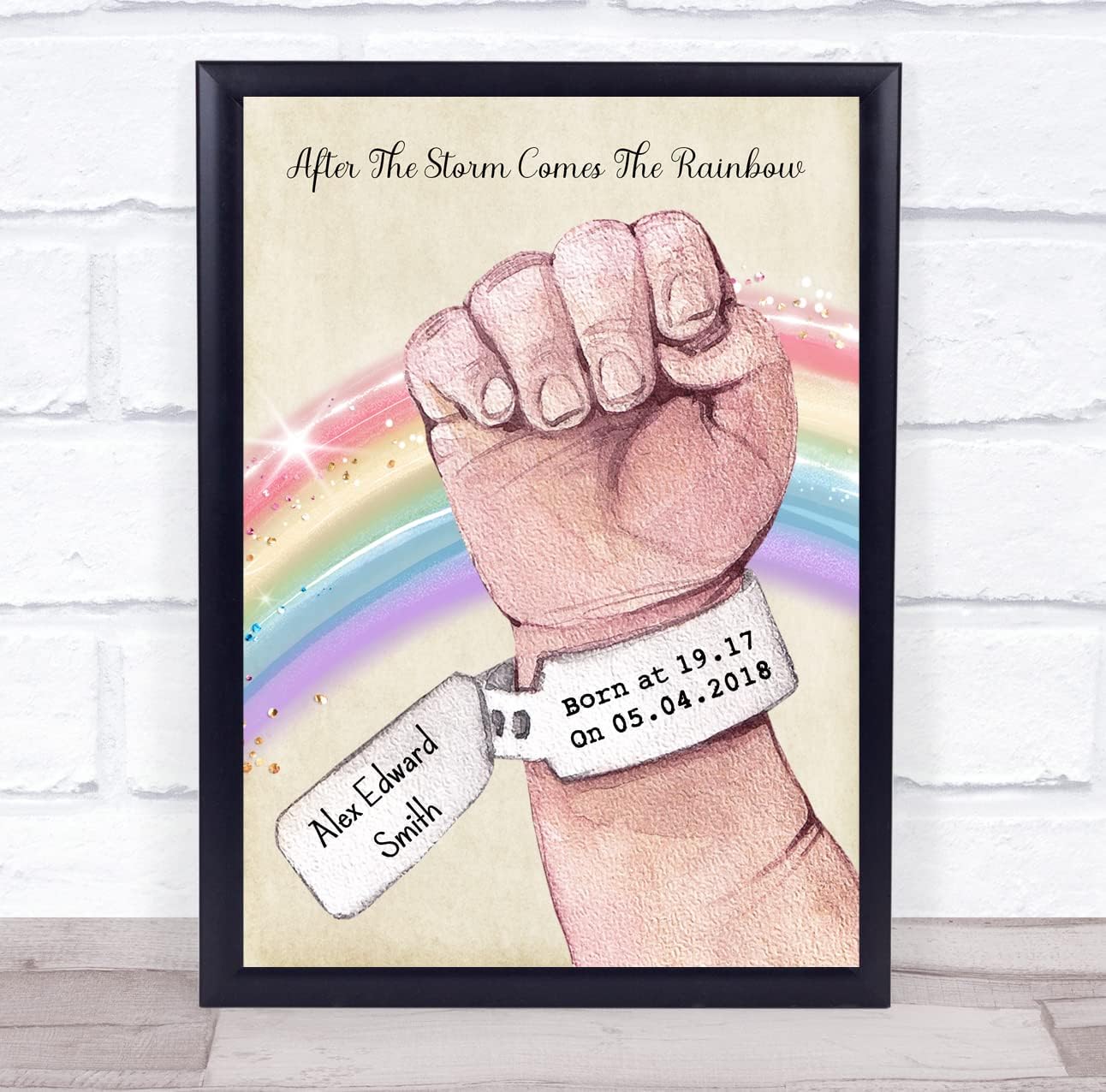 Rainbow Baby Fist Name Tag Light Skin New Baby Birth Details Keepsake Gift Print