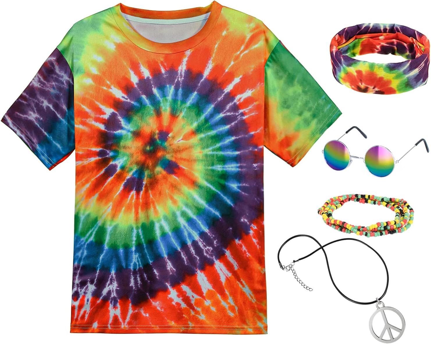 Disfraz hippie para hombre Momen de los años 60 y 70 camiseta colorida de 5 piezas de accesorios para fiesta temática