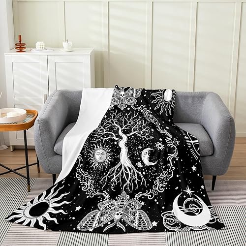 Erosebridal Manta de sol y luna de 40 x 50 pulgadas para todas las estaciones, manta de árbol de la vida, manta de forro polar gótico de polilla de