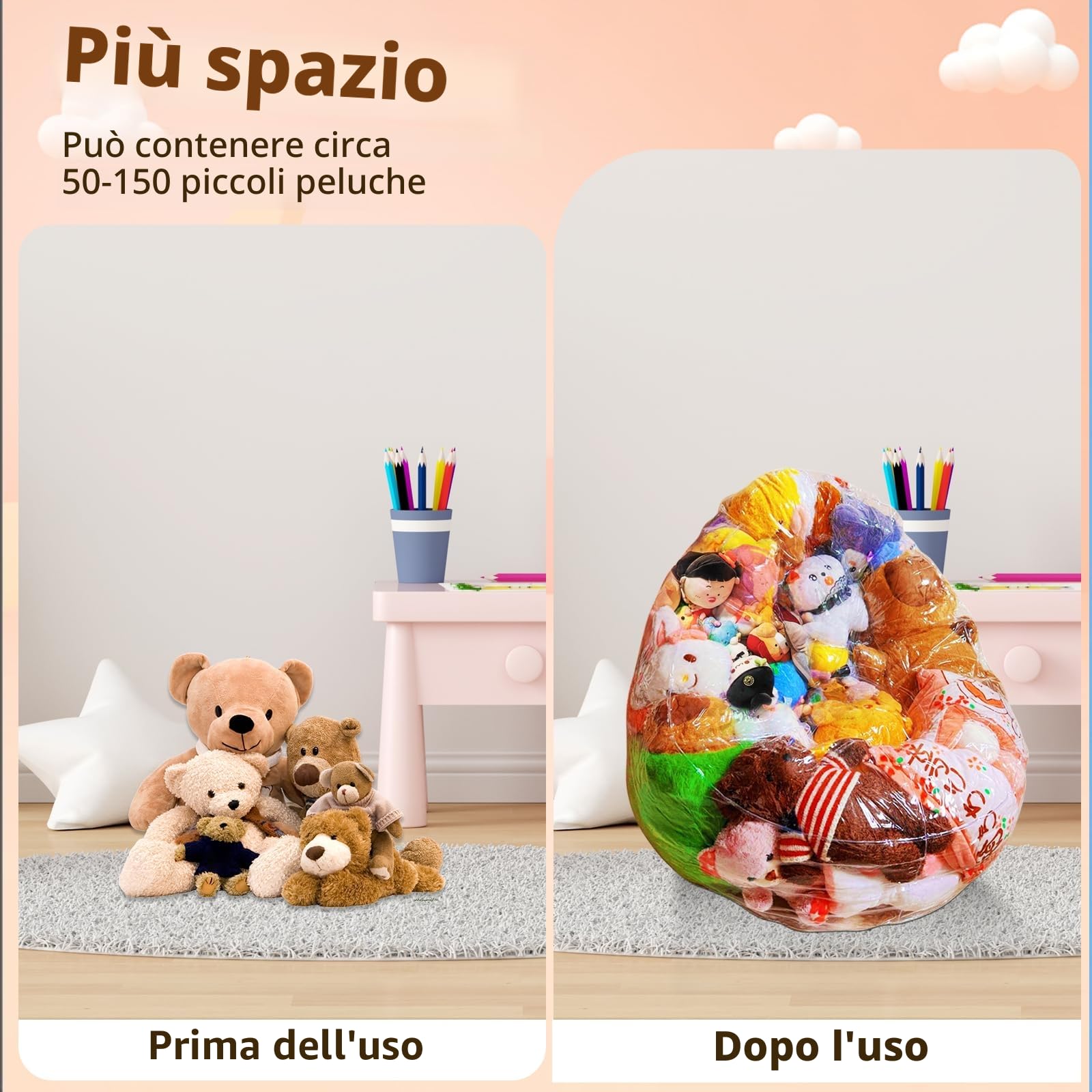 Giocattolo di peluche, trasparente, per sedia a fagioli di animali, 150 l, sacchetto di peluche per bambini, organizzazione senza riempitivo incluso
