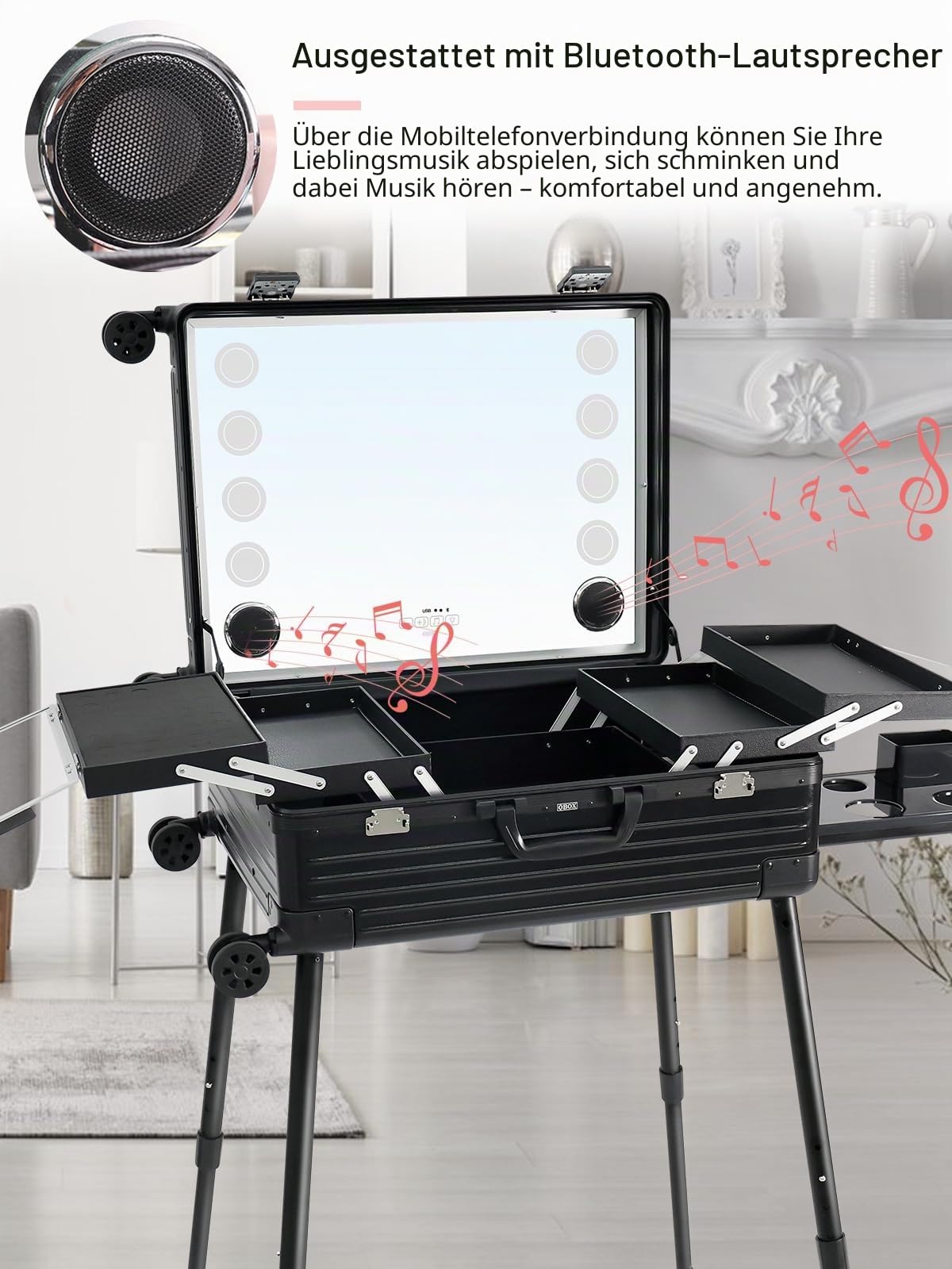 EBANKU Kosmetikkoffer Trolley Schminkkoffer, 24in PC Rolling Makeup Train Case Professionelle Künstler Kosmetik Organizer mit Spiegellichtern Nail Tech Organizer Storage, 4 Display-Tasten (Schwarz)