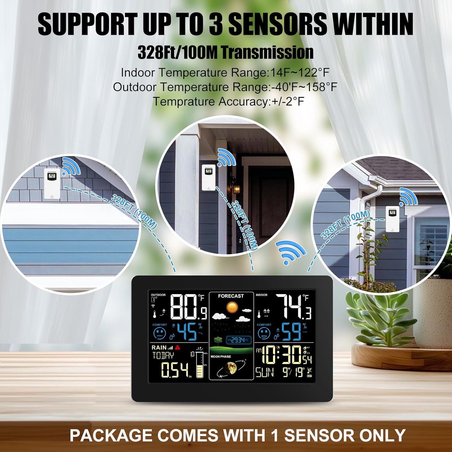 Weather Station with Rain Gauge Outdoor, Home Weather Stations Wireless Indoor Outdoor with Digital Rain Gauges, Thermometer, Barometer, Hygrometer, Atomic Clock, Weather Forecast and Alerts