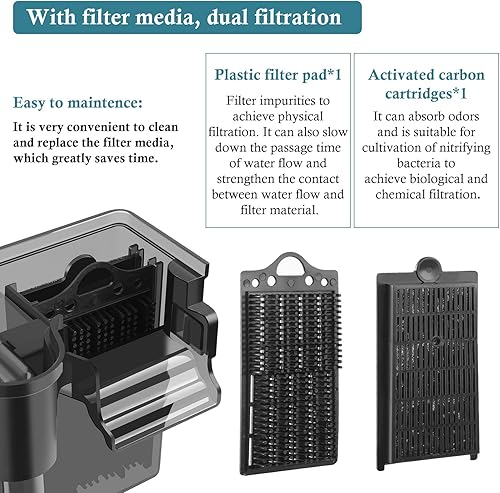 Miniatura 3 de Filtro de acuario ultra silencioso de 100 GPH Filtro ajustable de 3.2 W para tanque de peces de 2.5-15 galones, filtro de carbón activado con 2