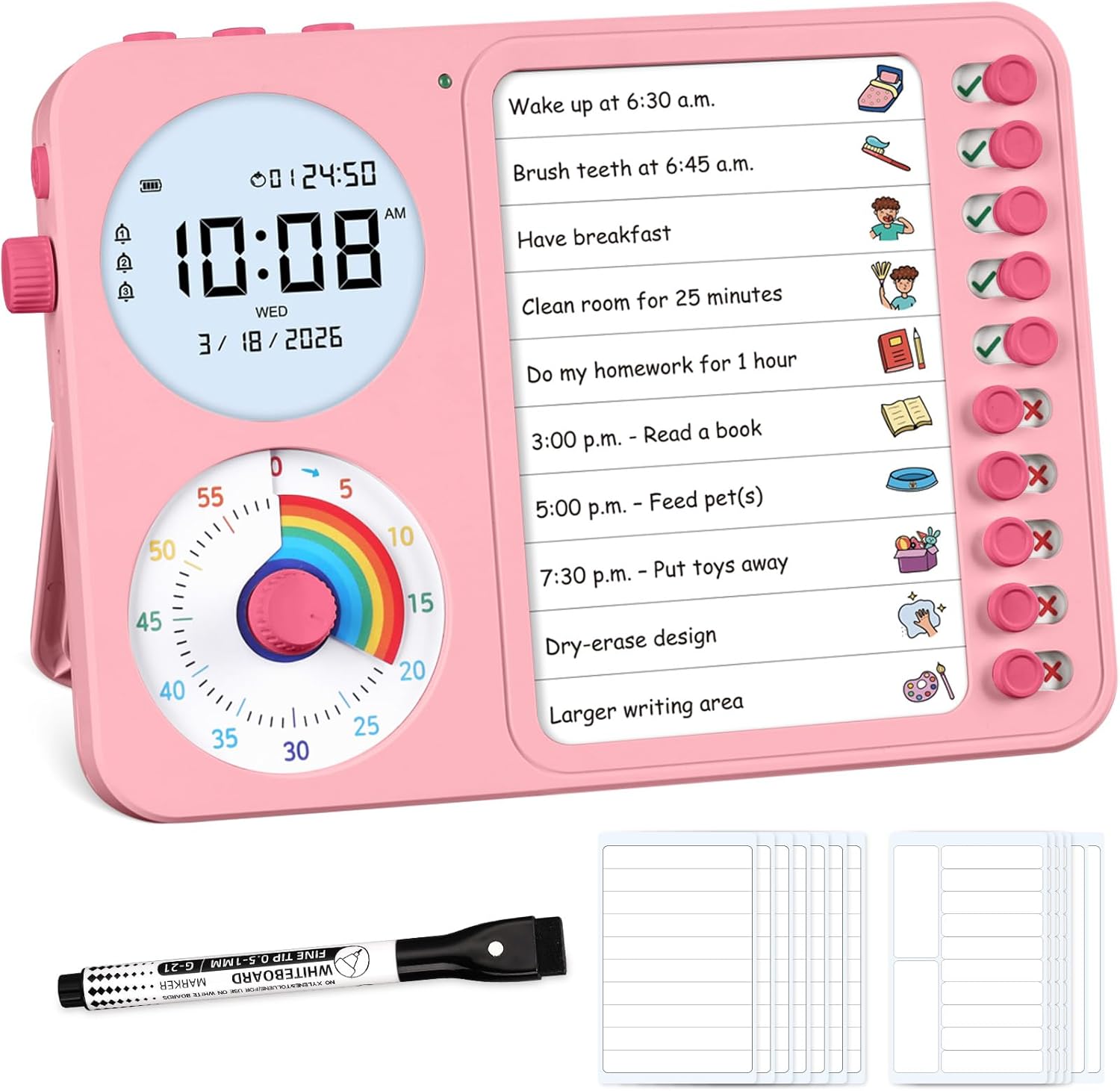 3-in-1 Visual Timer & ADHD Tool for Kids – ADHD Task Timer for Adults with Visual Schedule, Chore Chart & Planning Board for Home, School, Classroom, Work (White)