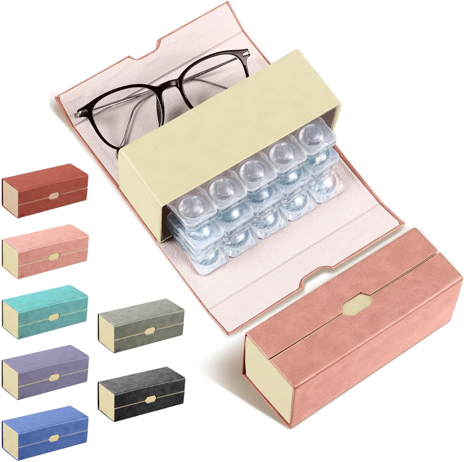 Daily Contact Lens Case and glasses Organizer 2 in 1 Double Sided Portable Contact Lens Travel Case for Travel Outdoor Daily Use, Storage up to 30 Lense(Pink)