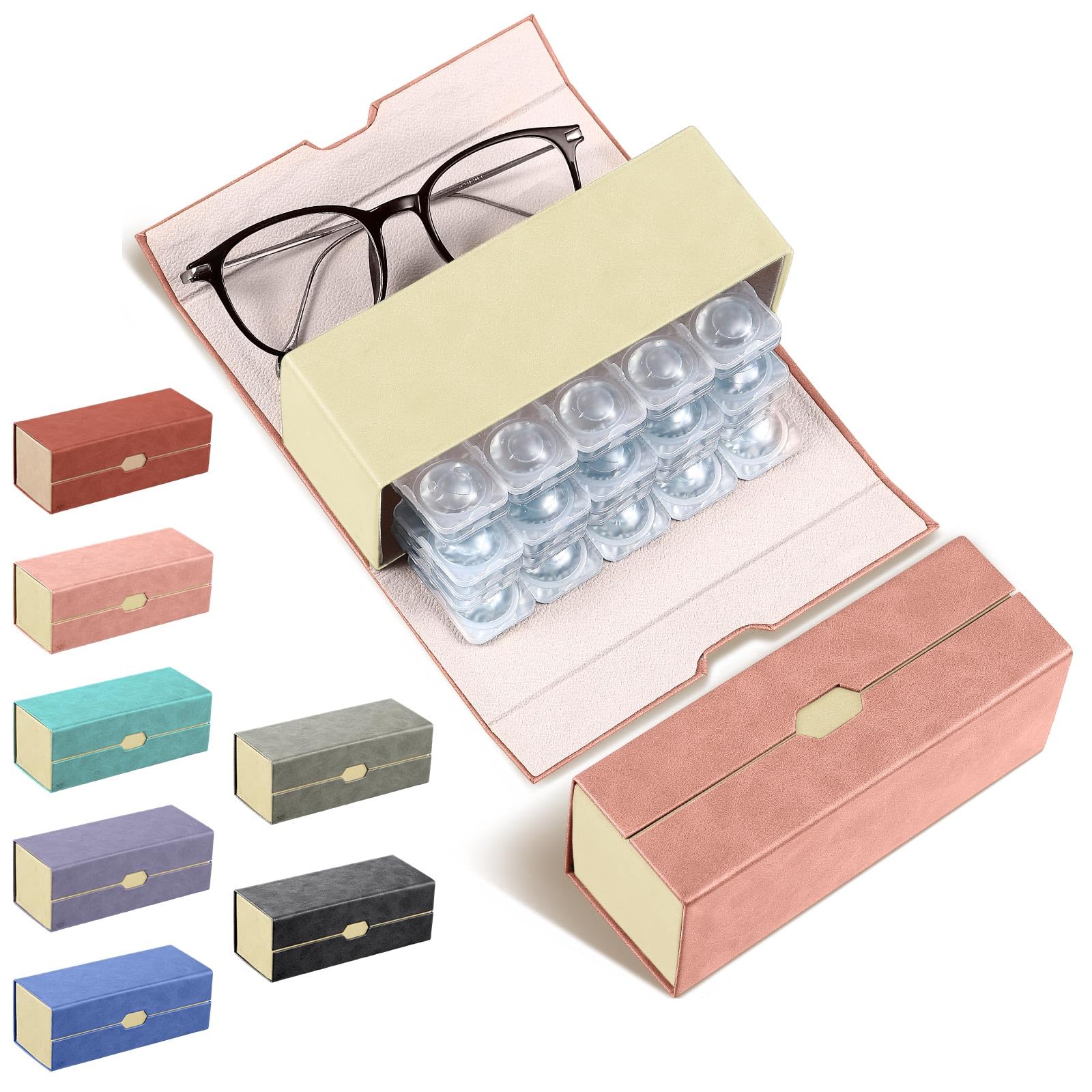 Flutesan Daily Contact Lens Case and glasses Organizer 2 in 1 Double Sided Portable Contact Lens Travel Case for Travel Outdoor Daily Use, Storage up to 30 Lense(Pink)