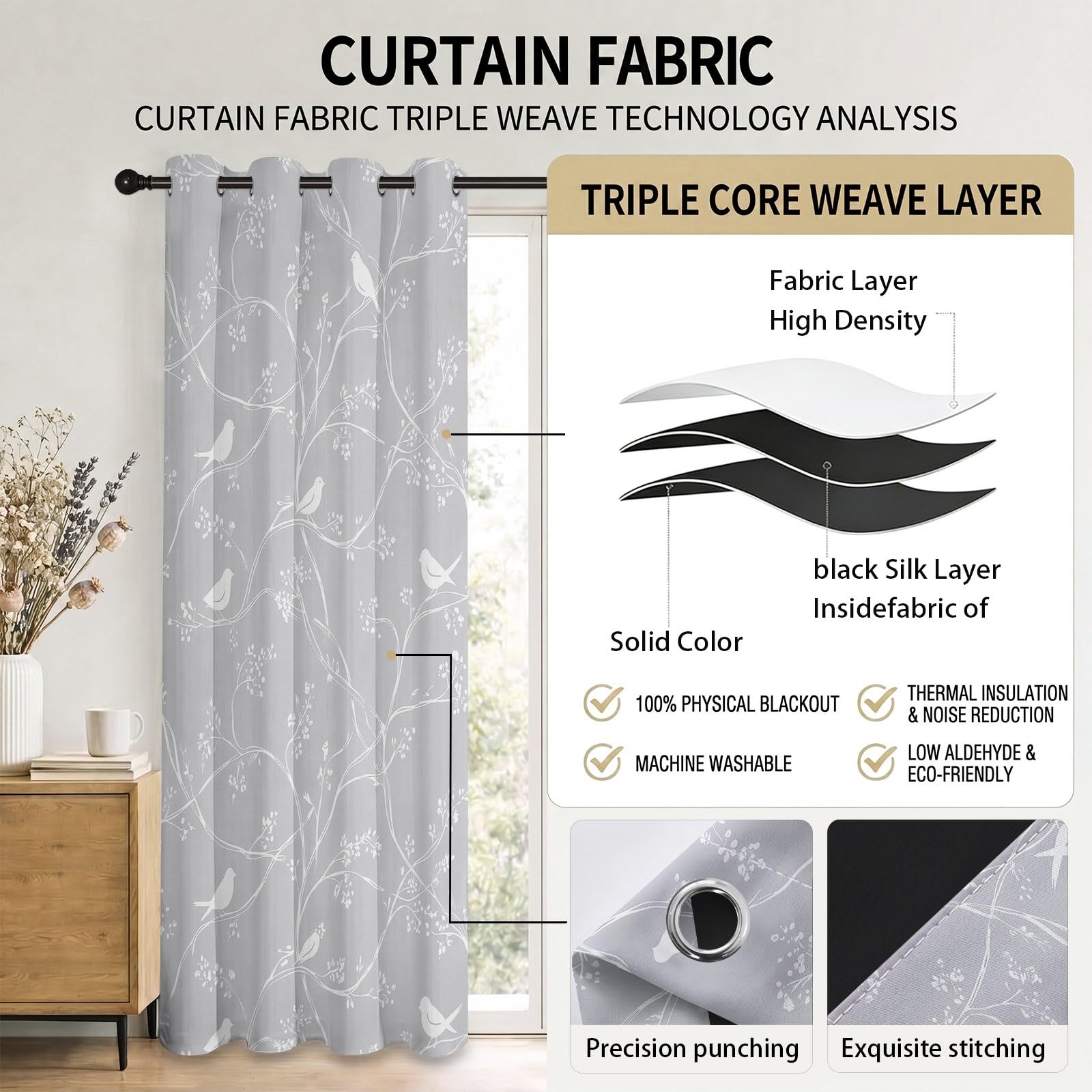 Rideau occultant à Motif de Petits Oiseaux, Oiseau Feuille Rideaux œillets Isolation Thermique Traitements fenêtre à œillets pour Chambre À Coucher, 140L X 260H cm (2 Panneaux), Gris Blanc