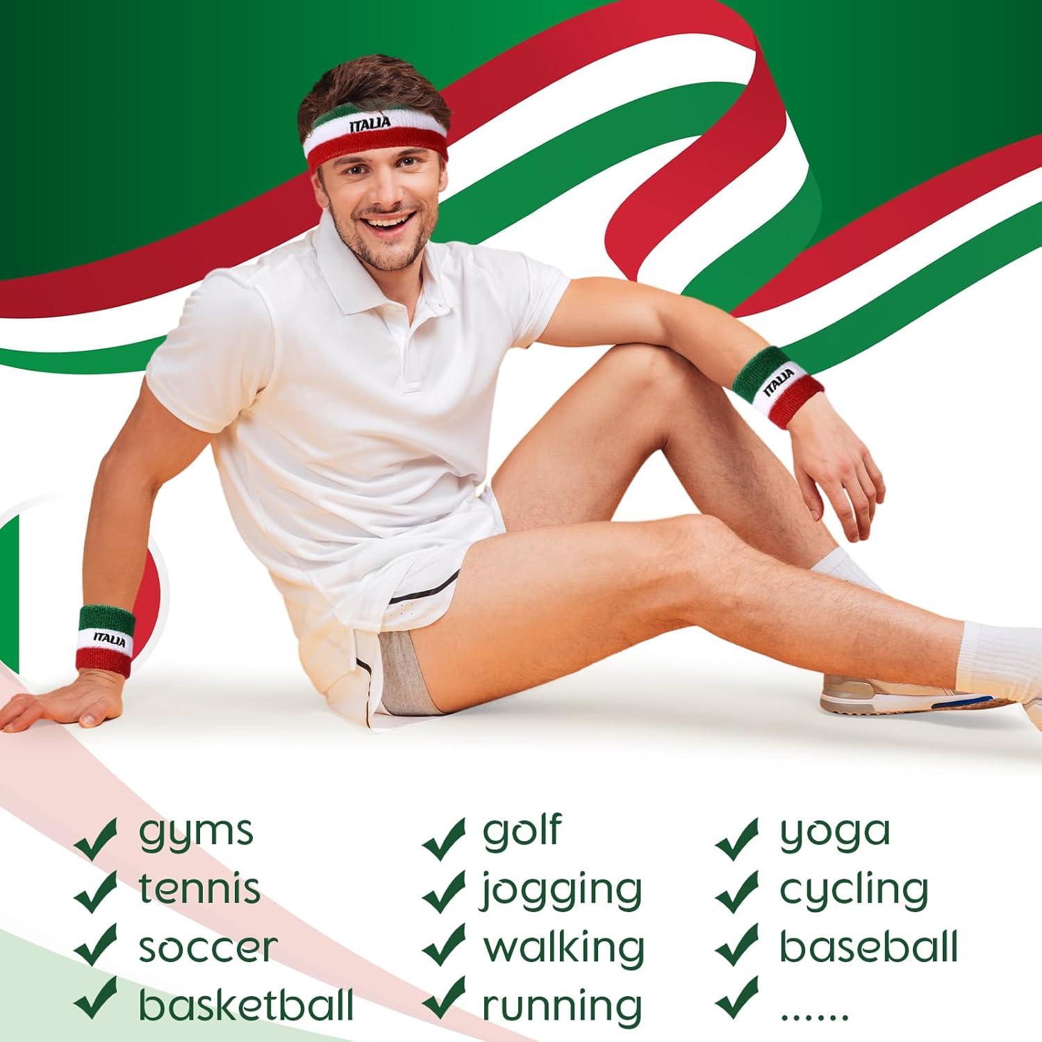 Jadive 2 Sets Italy Sweatband Set Italy Headband and Wristbands Includes 2 Head Sweatband and 2 Pairs Sports Wristband Costume Absorbing Headband for Men Women - Image 3