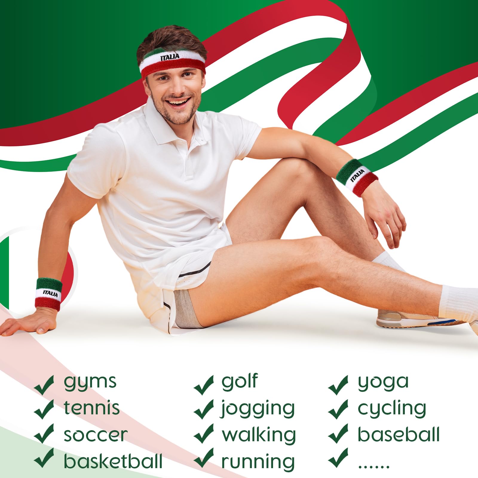 Jadive 3 Pcs Italia Sweatband Set Italy Absorbing Headband and Wristbands Head Sweatband and Wristband for Basketball Football Running Gym Exercise - Image 3