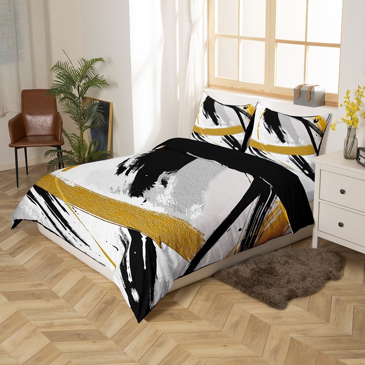 Erosebridal Black Grey Gold Bedding Set Twin Brush Strokes Oil Painting Comforter Cover, Gradient Abstract Vintage Bed Set Ombre Graffiti Duvet Cover, Contemporary Modern Quilt Cover