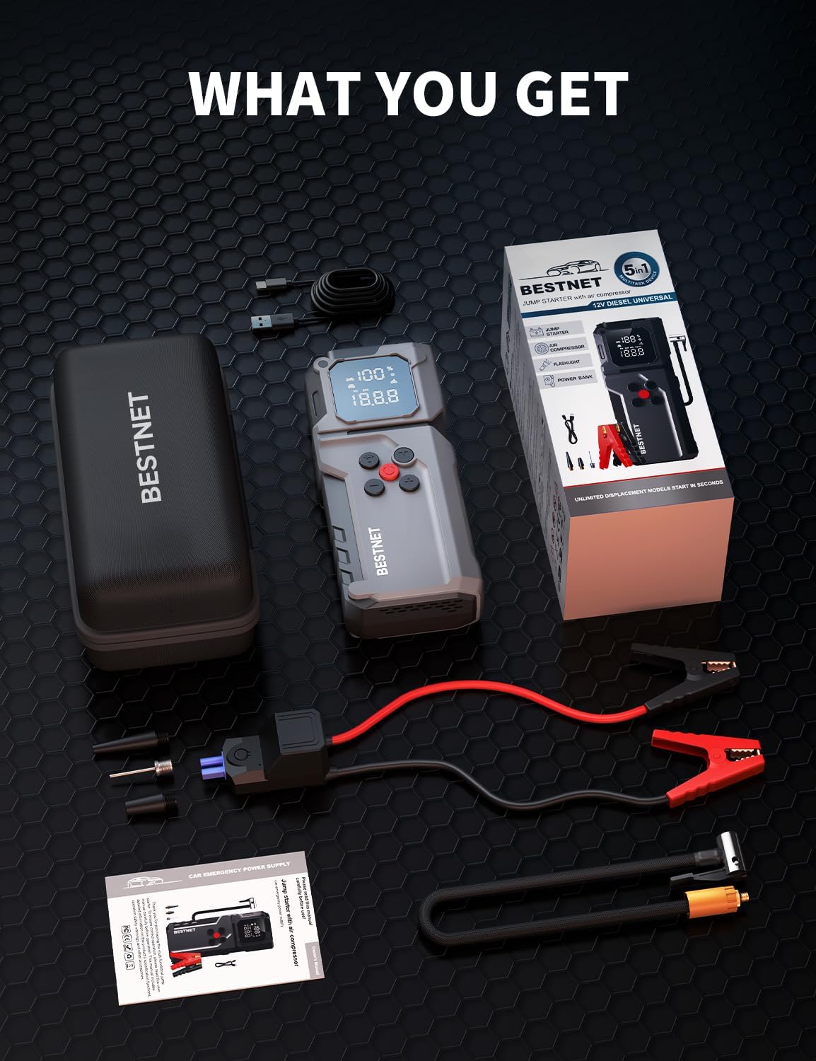 Q27 Jump Starter with Air Compressor, 3000A Portable Car Battery Booster, 150PSI Tire Inflator, Jumper Cables with LED Light, 12V Jump Box for Up to 7.0L Gas & 5.0L Diesel Engines - Image 9