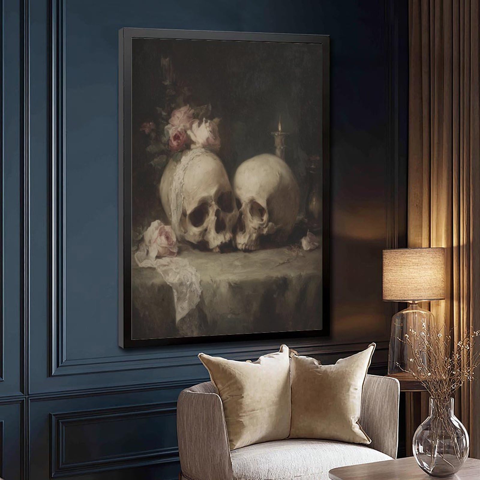 Poster gothique de couple de crânes sur toile pour décoration de chambre à coucher, bureau, chambre, cadeau 30,5 x 45,7 cm (L x l)