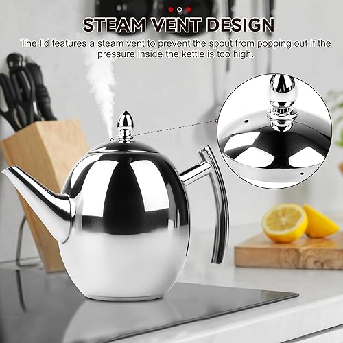 Miniatura 3 de Jadeshay Hervidor de té, tetera grande de acero inoxidable de 1 litro con filtro extraíble para el hogar, hotel, cafetería, bar, restaurante
