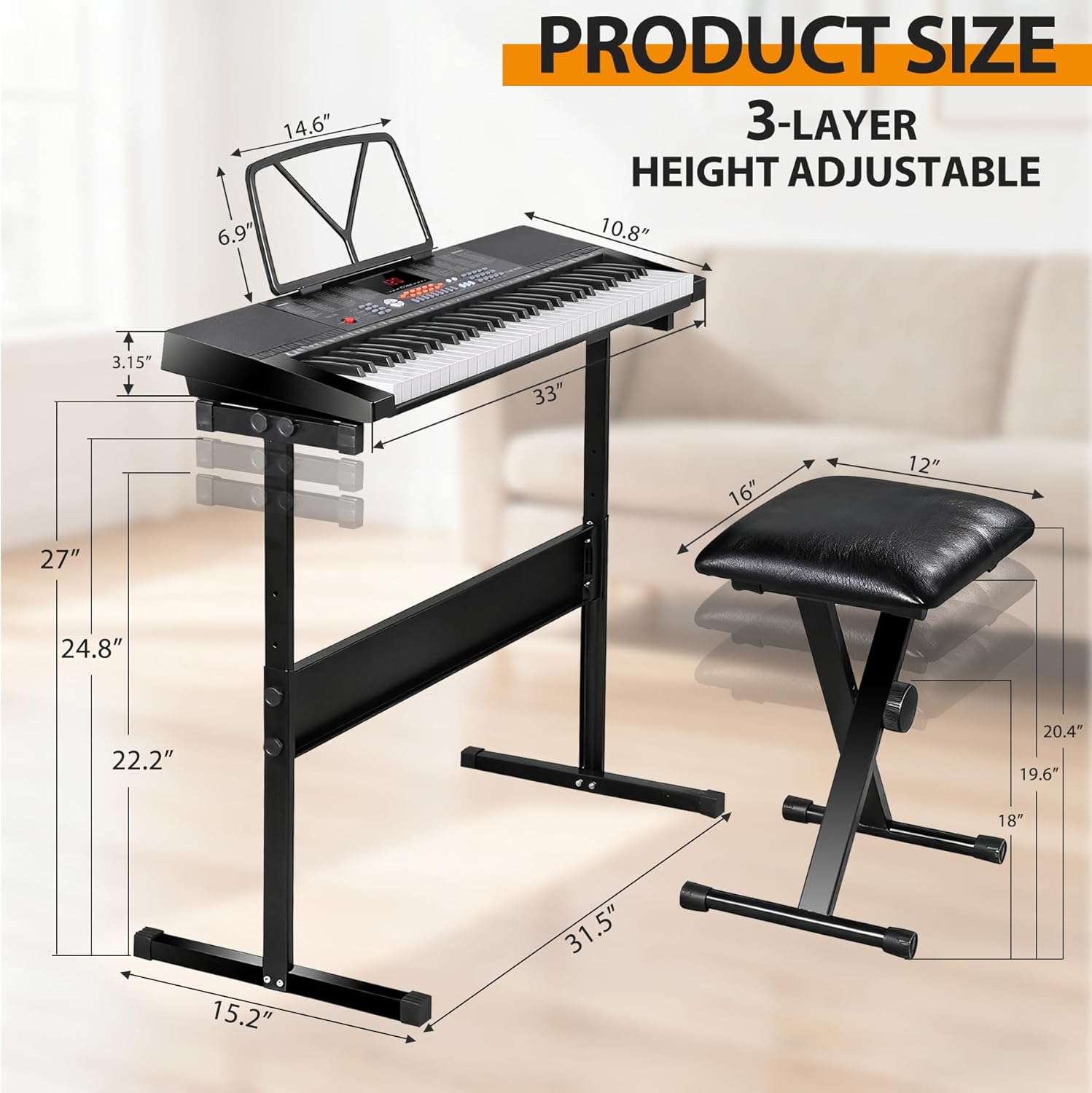 61 Keys Electronic Keyboard Piano Complete LED Display Keyboard Kit with Stand Built-in Speakers Headphones Microphone Music Sheet Stand and Stool, Black