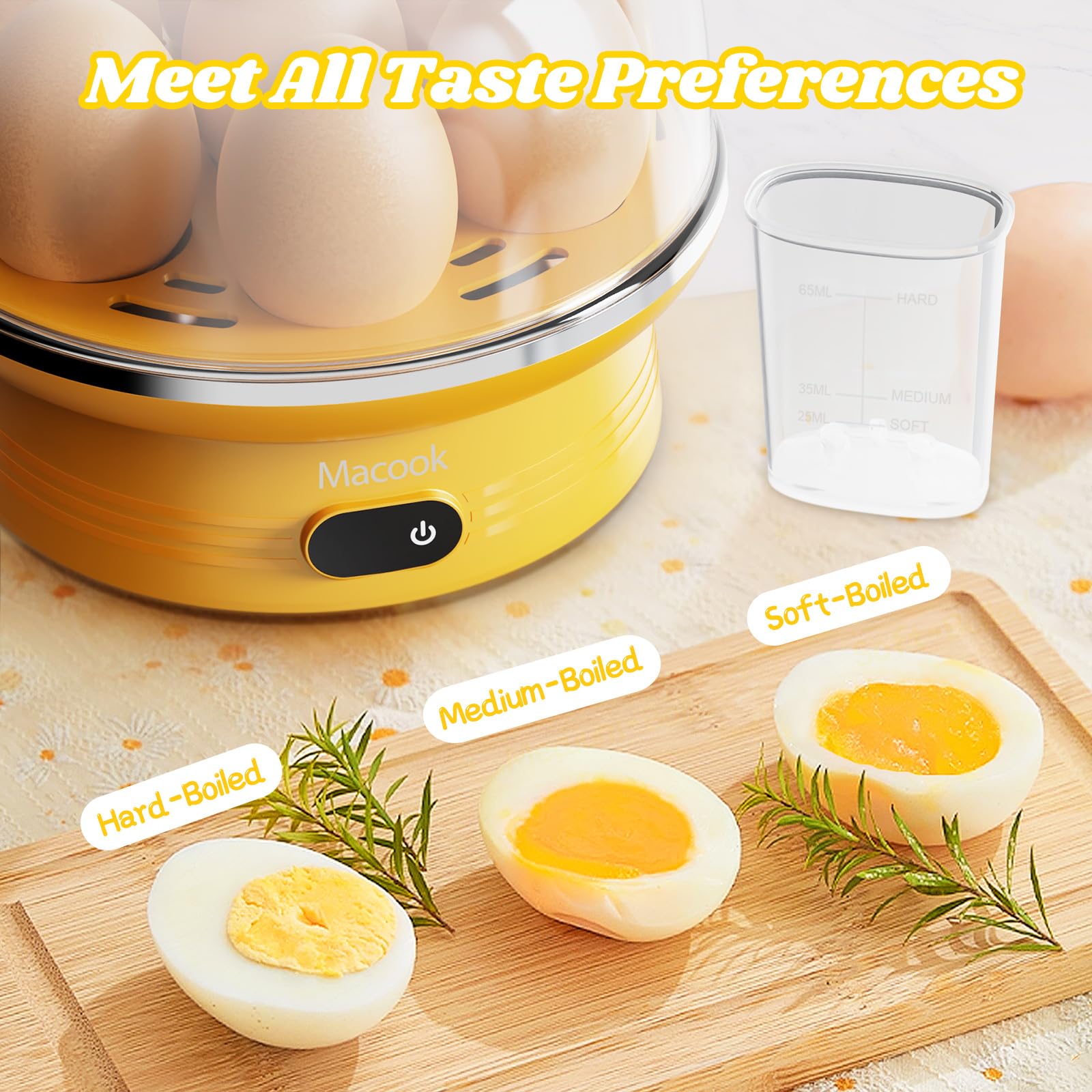Macook Rapid Egg Cooker 7 Easy-To-Peel, Hard, Medium, Soft Boiled Eggs, Poacher with Auto Shut Off Feature, Measuring Cup Included- Yellow