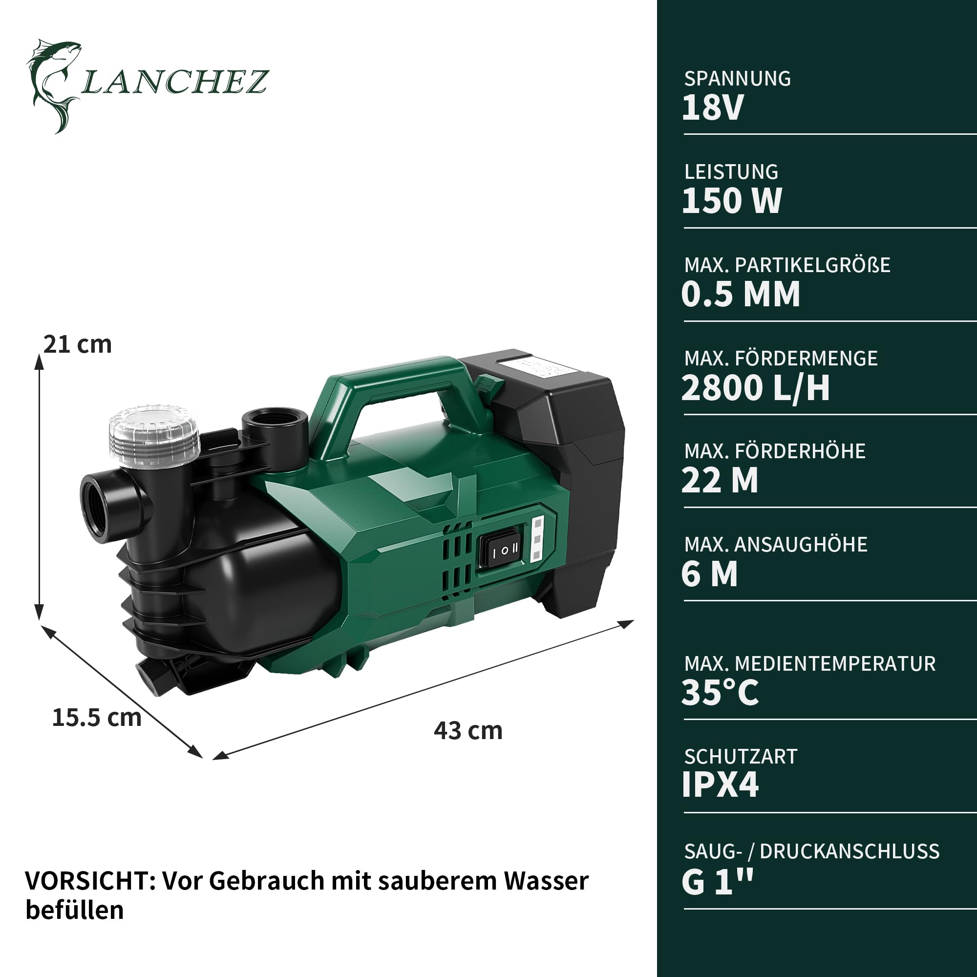 LANCHEZ Akku Gartenpumpe 2800 L/H, 18V 2000 mAh Akku, Max. Förderhöhe 22 m, ECO-/ Boost-Modus, Überlastschutz, Tragbare Akku Wasserpumpe für Regenfässer, Zisternen, Gartenteiche