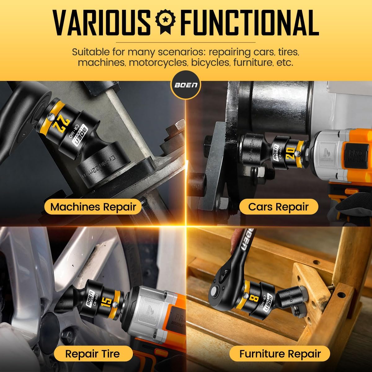 BOEN Pro 3/8 Inch Drive Impact Swivel Socket set, 16-Pieces 8-24mm, 6-Point Shallow Metric Universal Wobbly Sockets With Painted Marking, Cr-Mo, Include PP Case, Fit Into Tight and Narrow Spaces