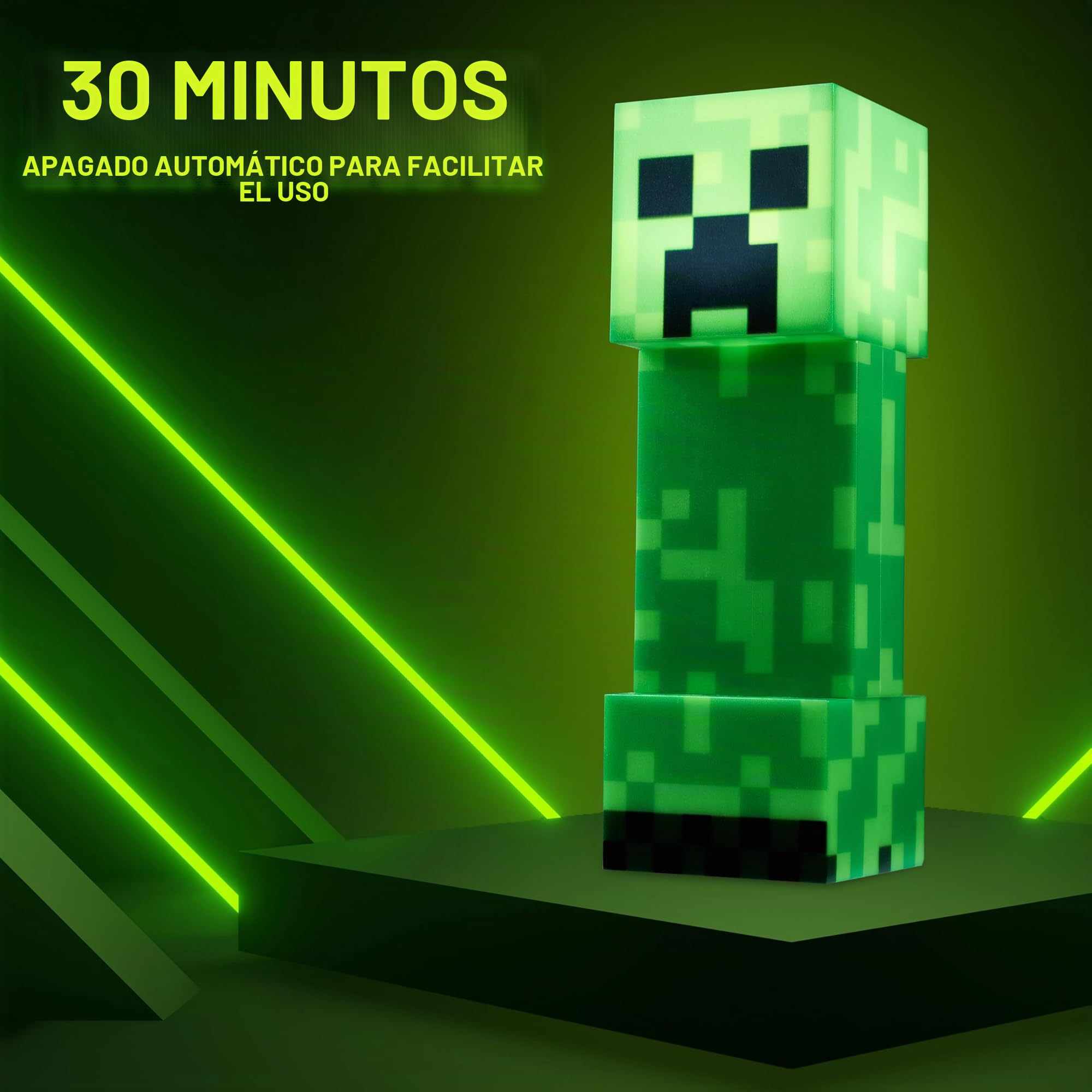 Minecraft Linterna Infantil Creeper, Luz LED 2 en 1, Luz Nocturna y Antorcha USB o Pilas, Decoración Gamer, Regalo para Niños