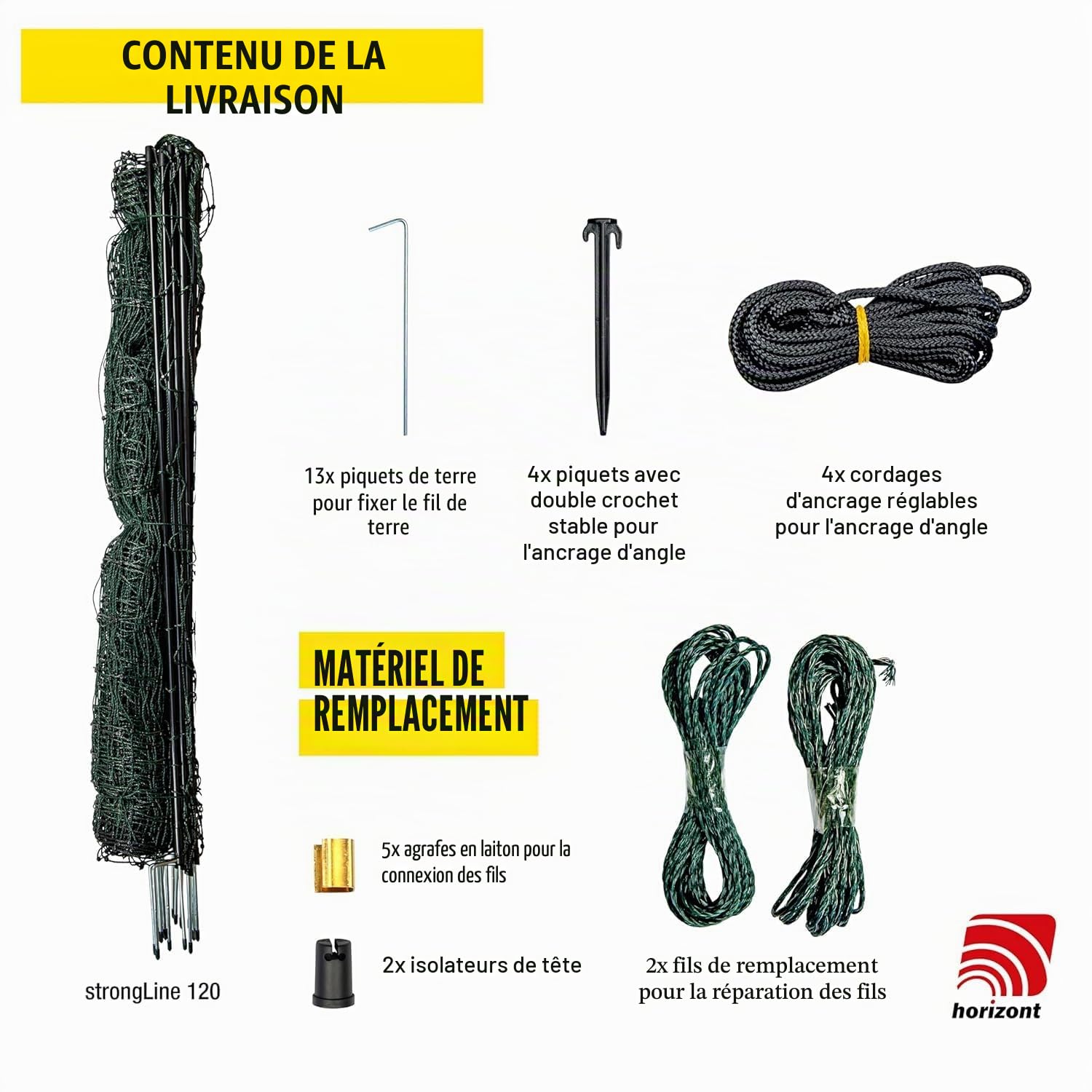 horizont strongLine Clôture de camping pour chien - Longueur : 50 m - Hauteur : 120 cm - 15 piquets en fibre de verre - Double pointe - Sans électricité - Vert - Clôture mobile pour jardin, cour et