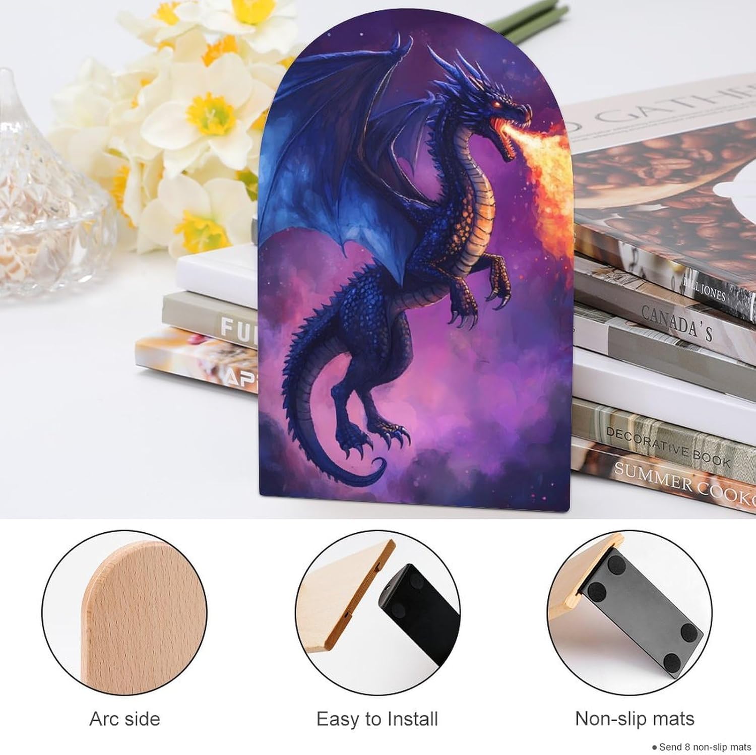 Angry Purple Dragon Cute Wood Book Ends Decorative Bookends 1 Pair Non-Skid for Shelves Home Office 7 X 5 Inch