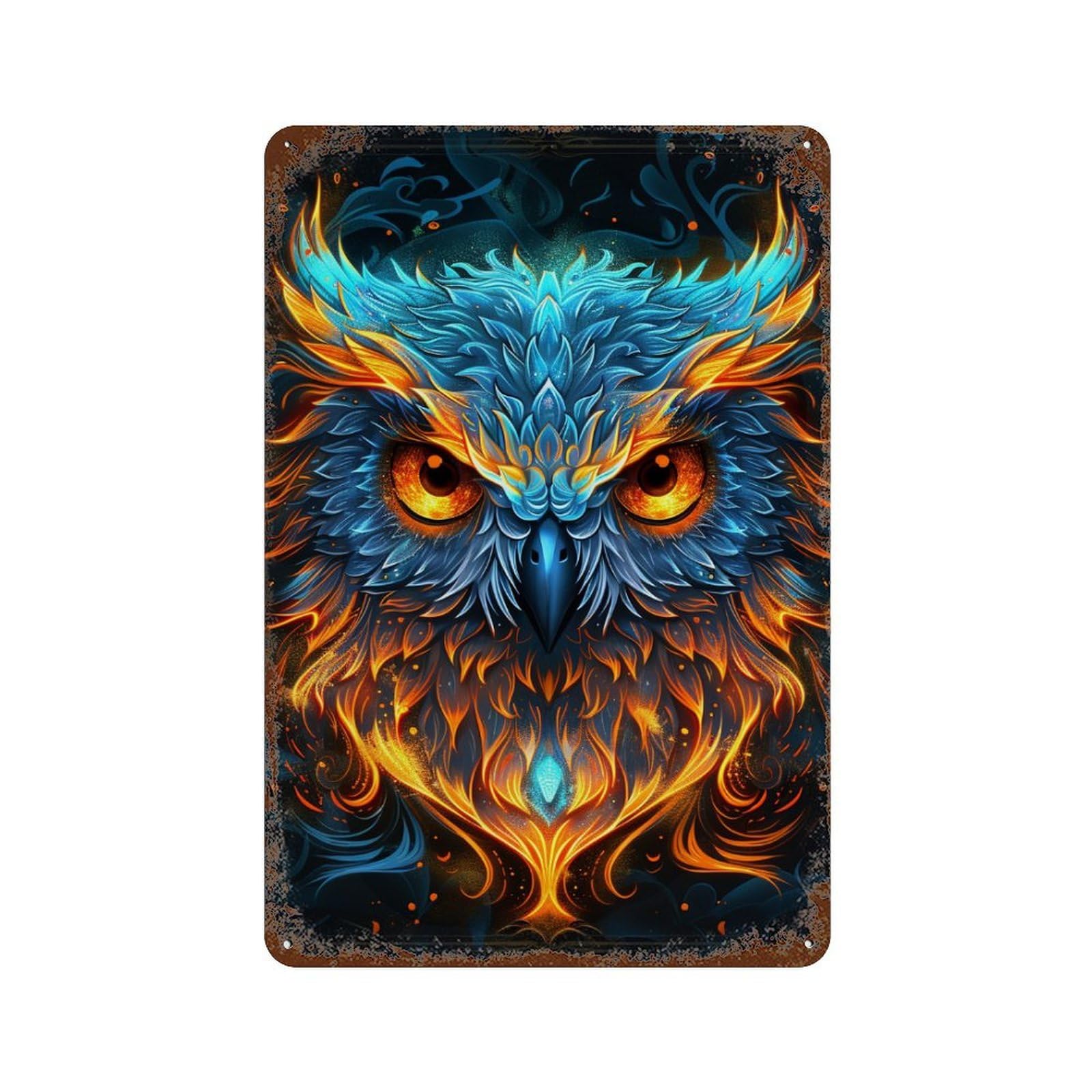 Garage Style Flame-Winged Mystic Owl Artwork Rusty Metal Tin Sign 11.8"x7.9", Classic Wall Plaque for Bar And Workshop