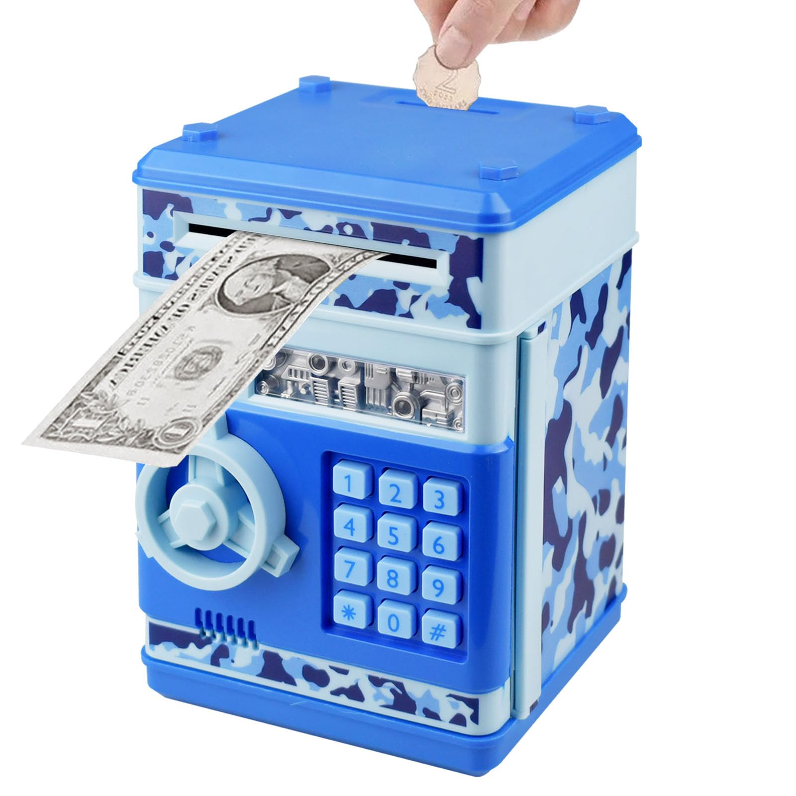 Piggy Bank Electronic Mini ATM for Kids Baby Toy, Safe Coin Banks Money Saving Box Password Code Lock for Children,Boys Girls Best Gift (Camo Blue)