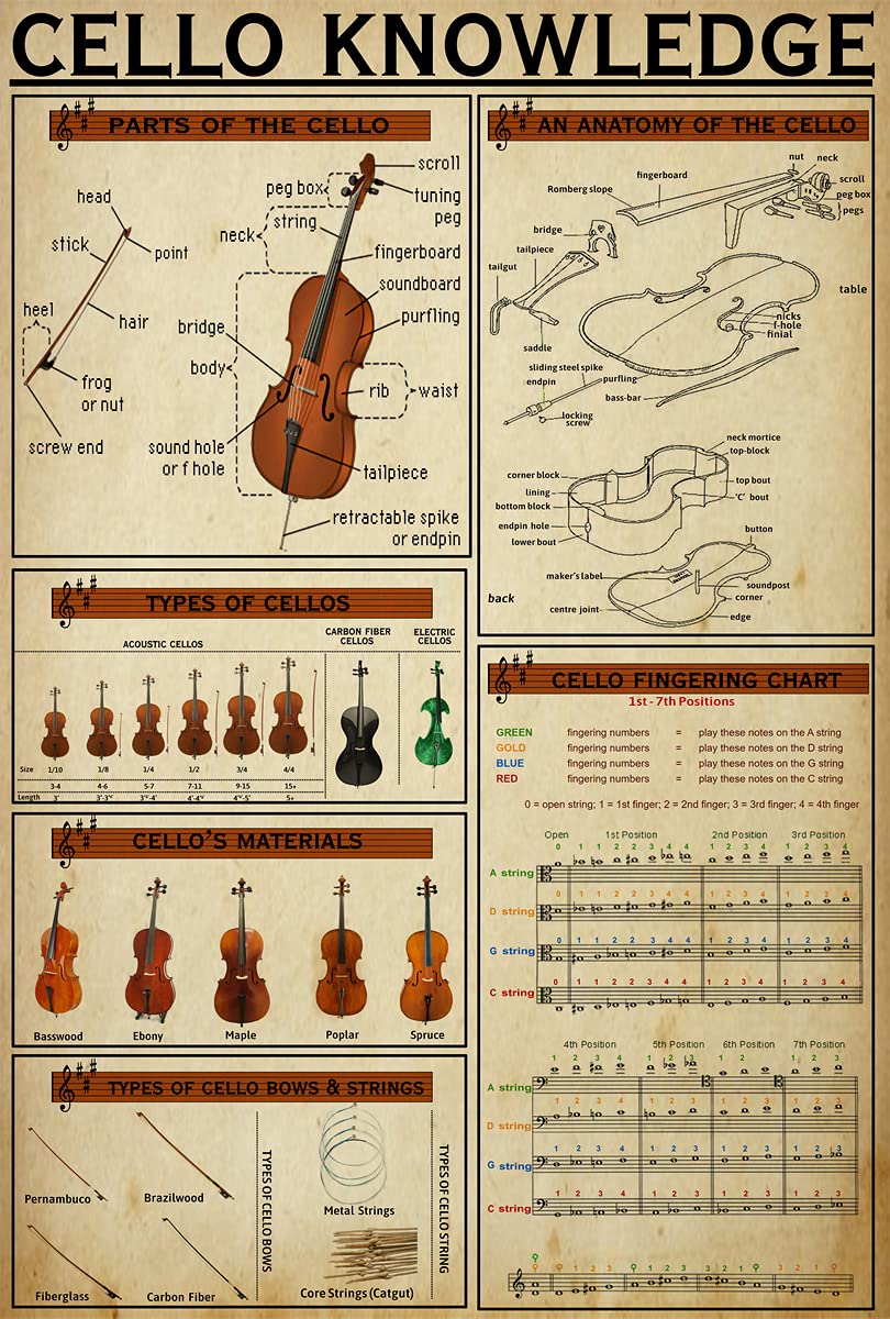 rayprint Cello Knowledge Metal Sign Vintage Music Room Decor Plaques Cellist Science Infographic Posters For Home Club Wall Decor 8x12 Inches