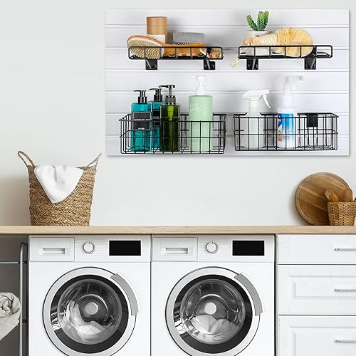 Miniatura 6 de Juego de 8 cestas de Slatwall, 4 cestas de metal ventiladas, cestas montadas en pared, 4 estantes colgantes de pared de Slatwall, accesorios para