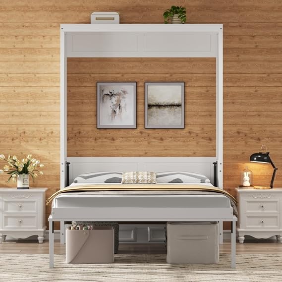 Full Size Murphy Bed with Storage Drawer, Foldable Murphy Hidden Wall Bed with Headboard, Space Saving, Wood Slats Support No Box Spring Needed, for Boys Girls Adults, Beige