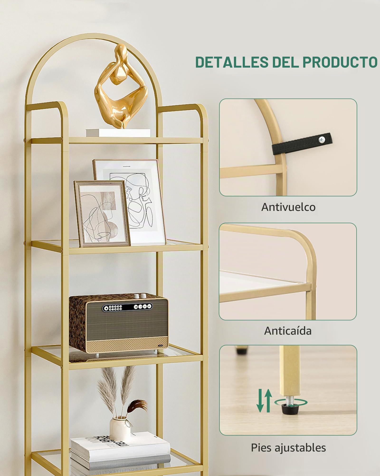 Hzuaneri Estantería Libros de 6 Niveles, Organizador Estante de salón, Estantería para Dormitorio, baño, Oficina en casa, para Plantas, CD, decoración, Recuerdo, Estructura de Acero, Dorado BC10601G
