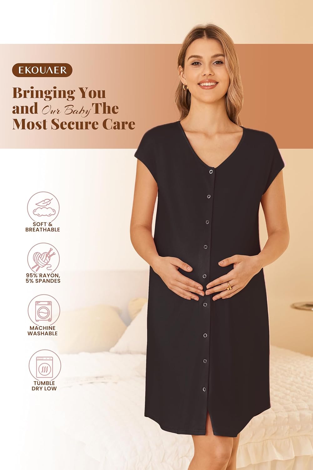 Ekouaer Labor/Delivery/Hospital Gown Nursing Nightgown Maternity Sleepwear With Pockets Postpartum Gowns with Button S-XXL - Image 5