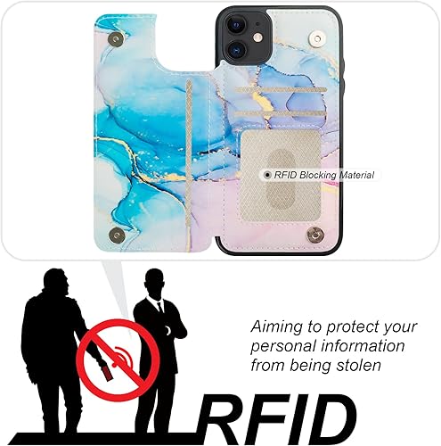 Miniatura 4 de HAOPINSH Funda tipo cartera para iPhone 11 con tarjetero, diseño de mármol rosa y azul con tapa trasera, funda de piel sintética con ranuras para