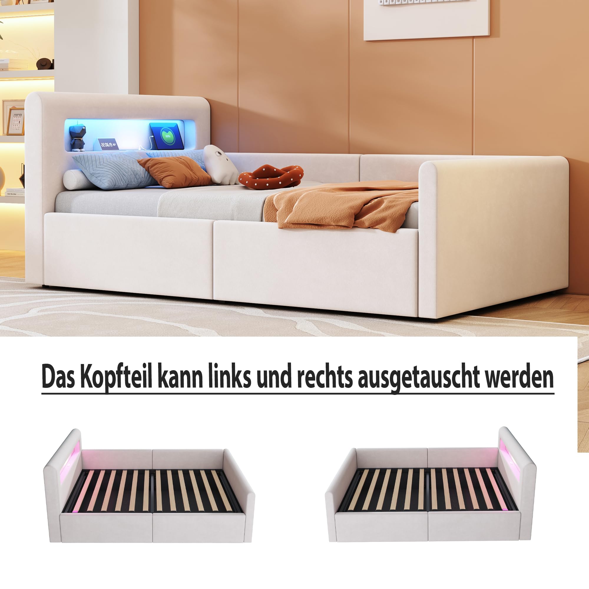 Lubvtti Letto singolo imbottito 90×200cm, Letto contenitore con luce LED e porta USB, Con vano portaoggetti, Letto per bambini con vano contenitore idraulico, Velluto, Beige (materasso non incluso)