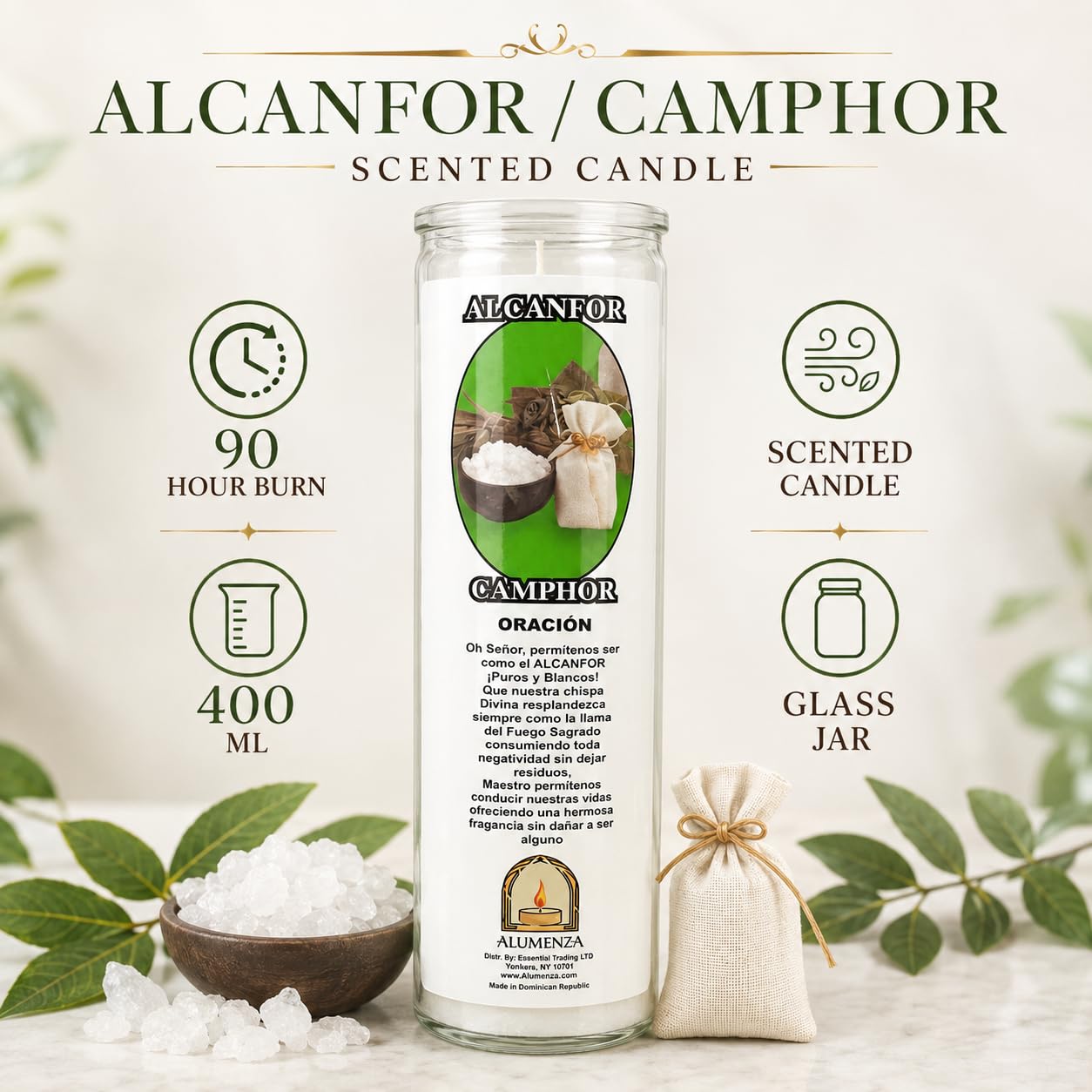 Velas devocionales aromáticas blancas de alcanfor / Alcanfor de 90 horas y 7 días, tarros de vidrio Veladoras, velas perfumadas blancas, novena de purificación espiritual, altar hispano