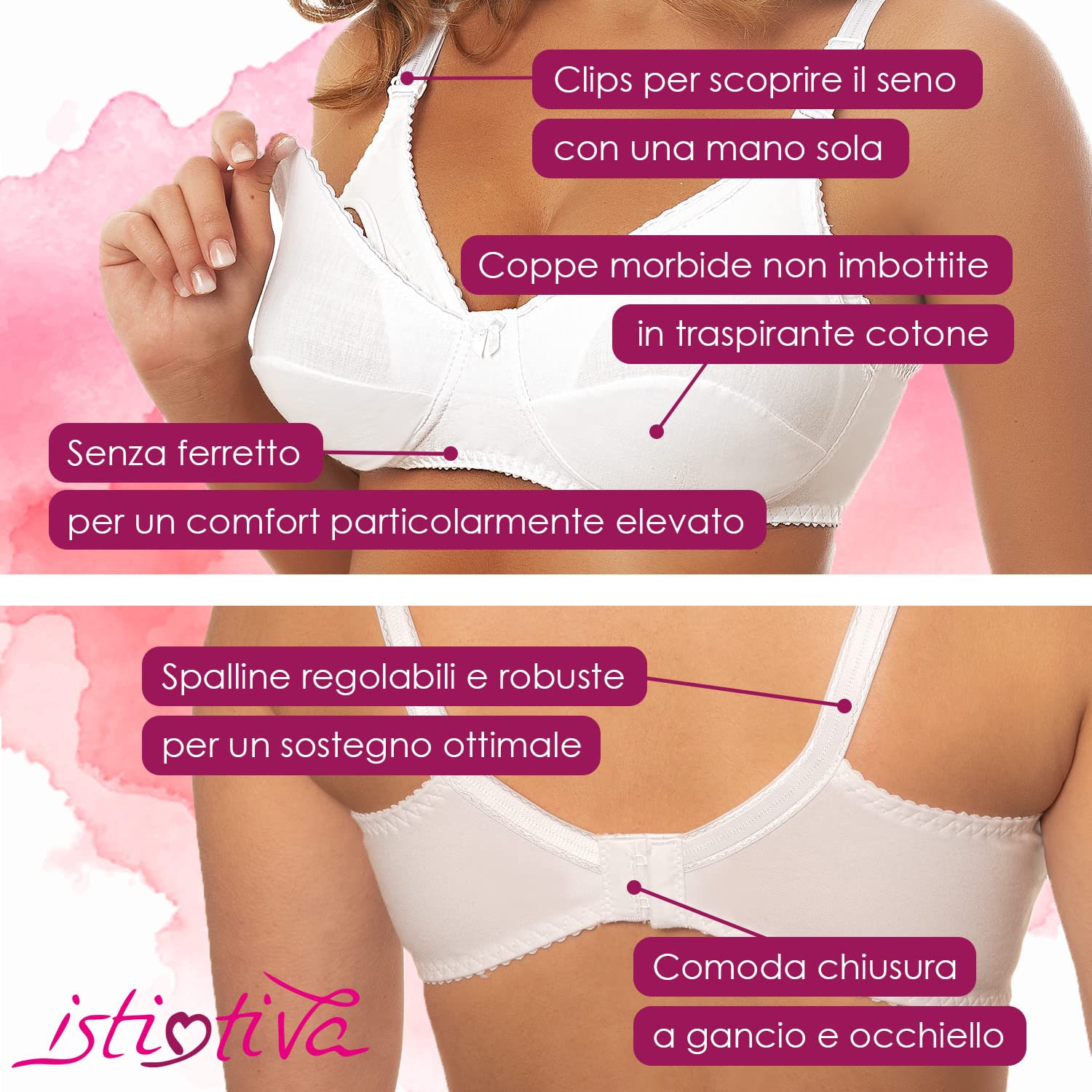 Mamma – Reggiseno Allattamento Senza Ferretto in Cotone ad Elevato Comfort | Clips per Scoprire Il Seno con Una Mano | Coppe morbide Non Imbottite | Spalline Regolabili