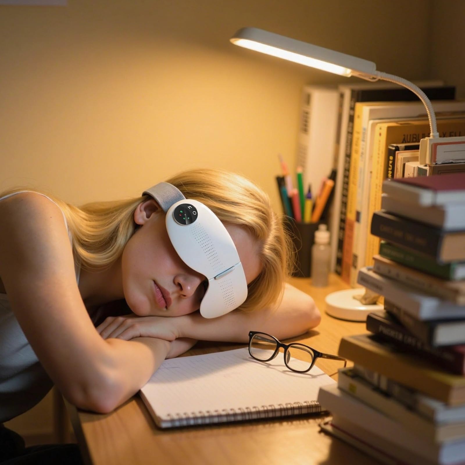 Sangle réglable rechargeable pour massage des yeux, musique et chauffage, masque pour soulager la fatigue oculaire, 5 modes de relaxation, idéal pour réduire les cernes et les yeux fatigués