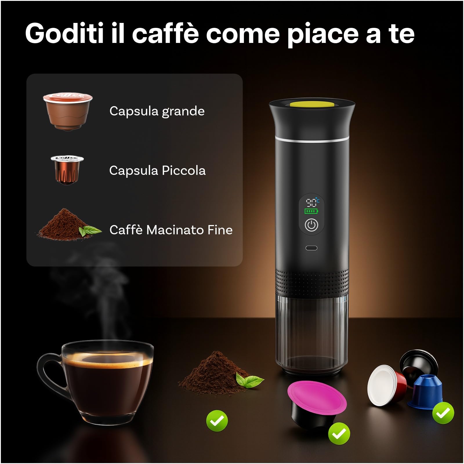 MMOBIEL Macchina Caffè Portatile Macchina da Caffè Espresso Elettrica con Anti-Scivolo, Riscaldante & USB-C – Compatibile con Capsule & Caffè Macinato per Viaggio, Campeggio, Casa, Auto, Ufficio