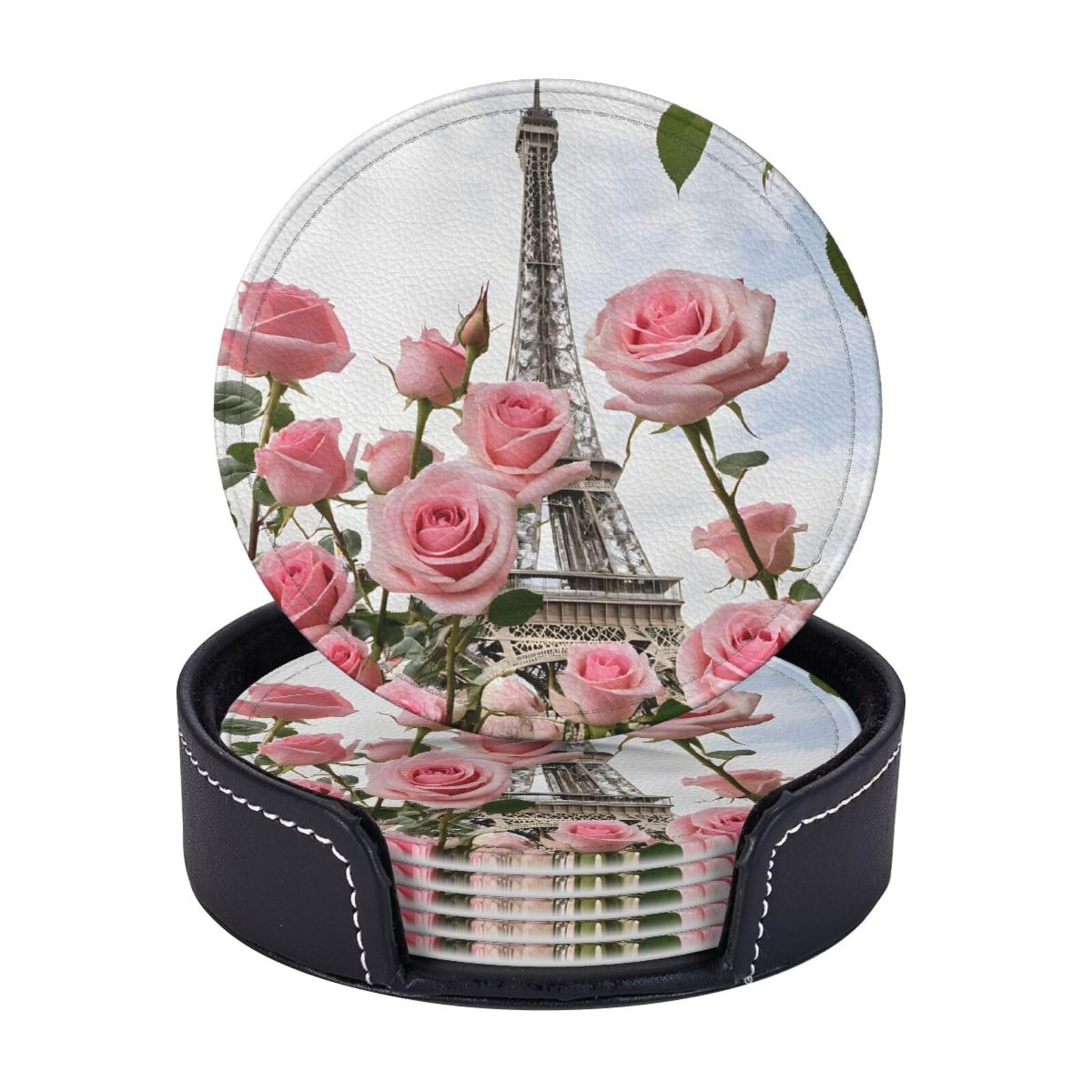 Coasters Set of 6 Microfiber PU leather Coasters with Holders for Drinks Coffee Bar Accessories, House Apartment Coffee Table Decor, Housewarming Gifts - Eiffel Tower Rose Flower